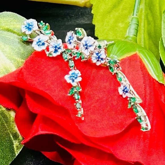 NIB 925 Plated Enamel Flower Inlay Drop Earrings with Crystal Accents - Picture 13 of 16